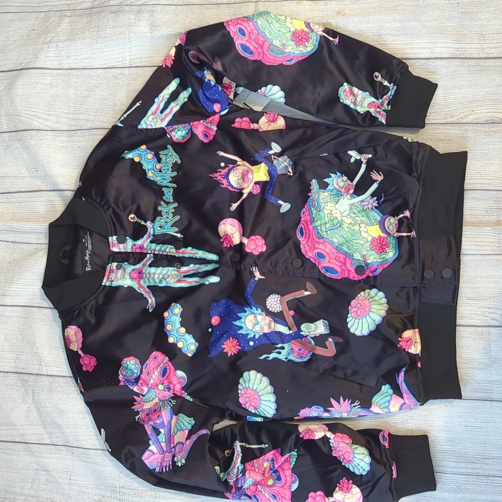 Men's Freeze Max Black Rick And Morty Graphic Satin Full-Snap Jacket